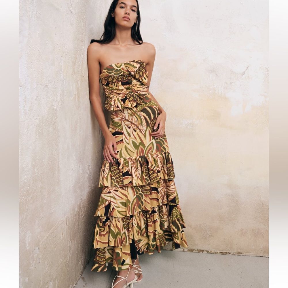 Zara LINEN BLEND RUFFLED PRINTED SKIRT size small